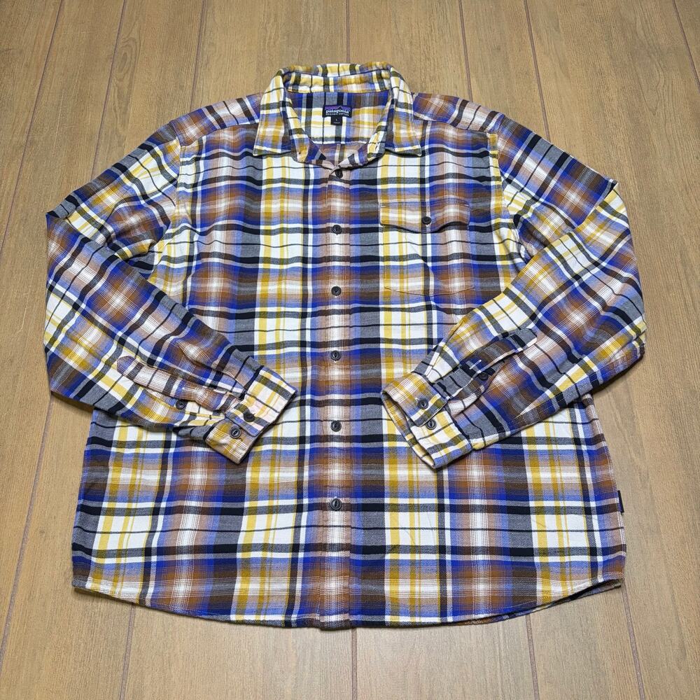 Patagonia Organic Cotton Flannel Shirt Men’s Large Plaid Button Up Blue Yellow